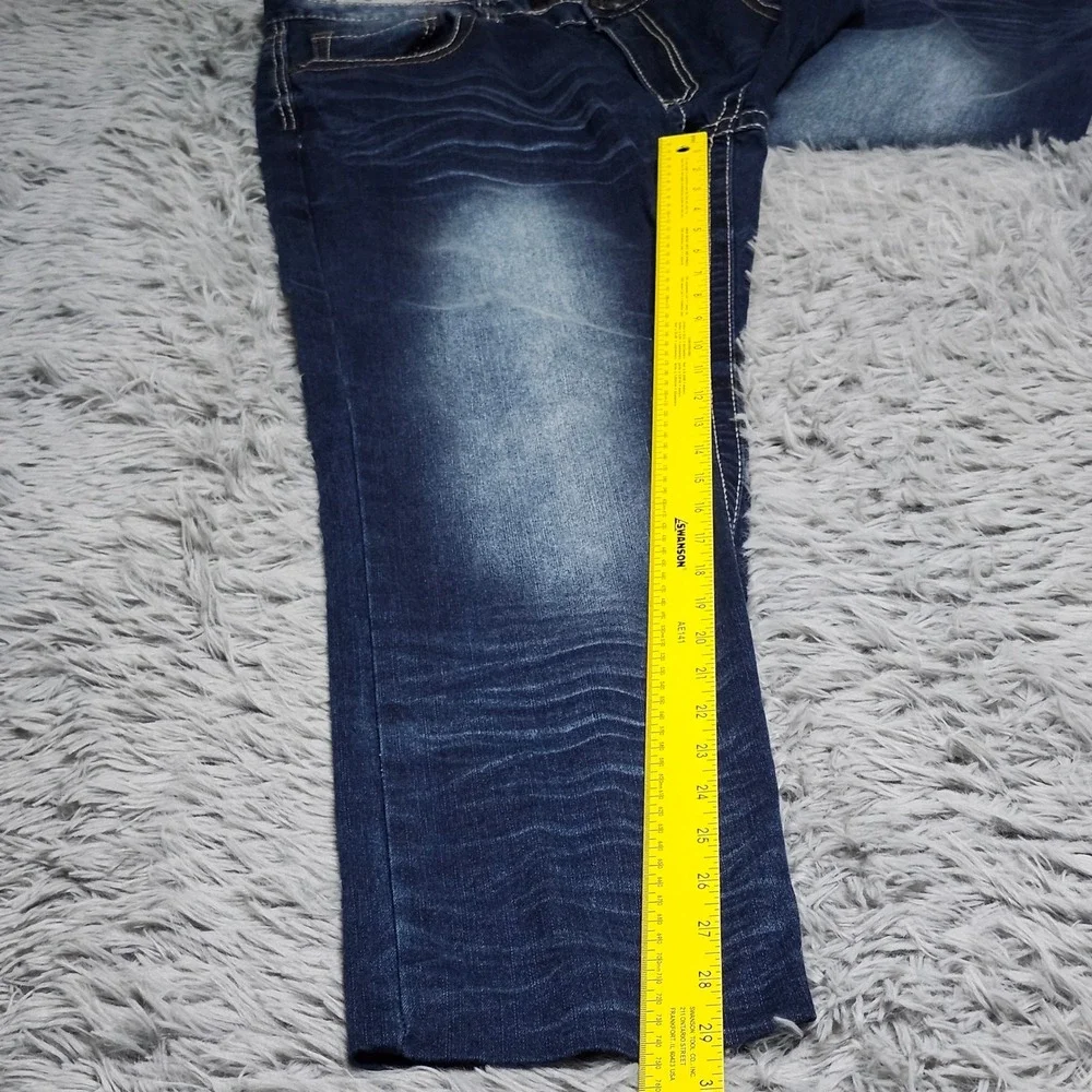 True Luck Mens‎ Jeans 36x29 Hemmed Dark Wash Straight Fit Denim Thick Stitch